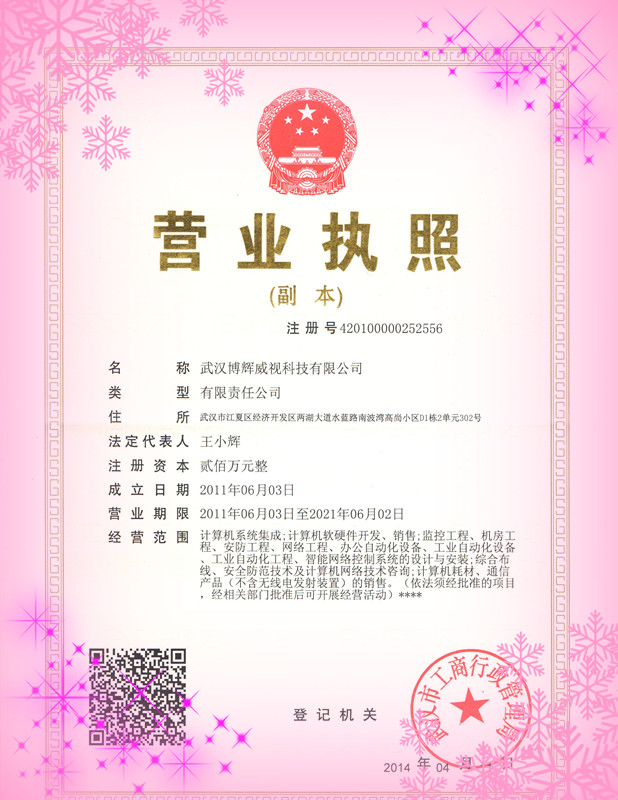 武漢安防監控工程公司博輝威視營(yíng)業(yè)執照